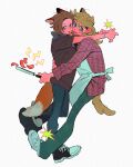  2girls absurdres animal_ears apron arm_around_neck bacon bandana bandana_around_neck between_legs blue_eyes bracelet brown_hair checkered_clothes checkered_shirt cheek-to-cheek chewing cooking dog_ears dog_girl dog_tail eating food fox_ears fox_girl fox_tail full_body green_eyes hand_on_another's_waist heads_together highres holding holding_pan hug jewelry k_kkkoooi long_hair long_sleeves multiple_girls multiple_tails original pants shirt shoes short_hair sweatdrop t-shirt tail white_apron white_background yuri 