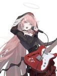  1girl absurdres alternate_costume arknights black_choker black_jacket bracelet chinese_commentary choker commentary_request cowboy_shot cross cross_earrings cross_necklace detached_wings earrings exusiai_(arknights) guitar halo highres holding holding_guitar holding_instrument holding_microphone hood hood_up instrument jacket jewelry jiligulu_(huancuntuceng) lemuen_(arknights) long_hair long_sleeves looking_at_viewer microphone necklace open_mouth pink_eyes pink_hair red_skirt simple_background singing skirt smile solo spiked_bracelet spikes standing traditional_halo white_background wings 