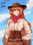  1girl adrienperfume bandana bandana_around_neck belt bow breasts closed_mouth commentary_request corset cowboy cowboy_hat cowboy_western cowgirl_(western) frown hair_bow hat highres ishmael_(project_moon) korean_commentary limbus_company long_hair looking_at_viewer orange_eyes orange_hair project_moon simple_background small_breasts solo upper_body 