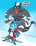 2026 3_toes 5_fingers anthro barefoot belt big_muscles big_pecs biped black_belt black_eyes black_nose black_tail blue_background blue_bottomwear blue_clothing blue_inner_ear blue_markings blue_shorts blue_tail bottomwear cheek_tuft clothed clothed_anthro clothed_male clothing crimenes dialogue digital_drawing_(artwork) digital_media_(artwork) domestic_ferret duo english_text equid equine facial_markings facial_tuft fangs feet fingerless_(marking) fingers fully_clothed fully_clothed_anthro fully_clothed_male fur grey_body grey_fur head_markings horse larger_anthro larger_male male mammal markings mask_(marking) multicolored_body multicolored_fur multicolored_tail muscular muscular_anthro muscular_male mustelid musteline navel open_clothing open_mouth open_shirt open_topwear orange_body orange_fur orange_inner_ear oreo_(ccjj09) pattern_clothing pattern_shirt pattern_topwear pecs pointy_ears prick_ears print_clothing print_shirt print_topwear red_clothing red_shirt red_topwear ring_(marking) ringed_tail shirt shorts shorts_only simple_background size_difference skip_(skipperz) smaller_anthro smaller_male speech_bubble standing striped_markings striped_tail stripes tail tail_markings talking_to_another teeth text toes topless topless_anthro topless_male topwear true_musteline tuft undershirt weasel white_body white_clothing white_fur white_shirt white_tail white_topwear