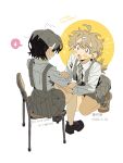  2girls ahoge arched_back bare_legs begging black_hair black_shoes blonde_hair blush chair chestnut_mouth chinese_text clenched_hands collared_shirt colored_speech_bubble crossed_arms crossed_bangs dated diagonal-striped_clothes diagonal-striped_necktie dot_nose double-parted_bangs dress_shirt english_text from_above from_behind from_side full_body furrowed_brow grey_necktie grey_skirt hair_between_eyes hair_ornament hairclip halo hand_on_another's_thigh highres indoors jellyfish_cut kneeling knees_together_feet_apart light_frown long_hair long_sleeves looking_at_another looking_up loose_hair_strand low_block_heels minamip multiple_girls multiple_hairclips nape necktie nervous no_socks on_chair one_eye_covered open_mouth orange_trim original parallel_hairclips platform_shoes pleated_skirt profile purple_trim raised_inner_eyebrows school_chair school_uniform shirt shoes short_hair simple_background sitting skirt sleeve_cuffs sneakers sparkle speech_bubble spoken_sweatdrop squatting striped_clothes striped_necktie suspender_skirt suspenders sweatdrop thick_eyebrows white_background white_shirt white_shoes wilted_ahoge yellow_halo 