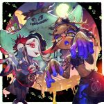  1boy 2girls big_man_(splatoon) black_pants blue_eyes blue_tongue border cityscape colored_extremities colored_skin colored_tongue crop_top dark-skinned_female dark_skin earrings foreshortening frye_(splatoon) full_moon glint halloween halloween_costume hand_fan highres holding holding_fan inkling jewelry midriff moon multicolored_eyes multiple_girls navel night nijimaarc octoling open_mouth pants paper_fan pointy_ears projected_inset red_eyes shiver_(splatoon) sky splatoon_(series) splatoon_3 twitter_username two-tone_eyes white_border white_skin yellow_eyes 