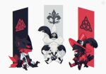 2017 3_toes anthro avian beak beak_closed belt_buckle biped black_body black_clothing black_feathers black_gloves black_handwear black_hat black_headwear black_jacket black_topwear black_vest boots bottomwear buckle chromatic_aberration claws clothed clothed_anthro clothed_male clothing dated digital_drawing_(artwork) digital_media_(artwork) feathers feet flesh_fang footwear front_view full-length_portrait fully_clothed fully_clothed_anthro fully_clothed_male gloves grey_bottomwear grey_clothing grey_pants grey_shirt grey_topwear group handwear hat headgear headwear heel_claw hi_res jacket keroreud male mouth_closed obscured_eyes open_beak open_mouth open_smile pants plantigrade portrait red_body red_claws red_clothing red_feathers red_footwear red_hat red_headwear red_jacket red_shoes red_topwear shirt shoes simple_background sitting smile tail tail_feathers toes topwear trio vest white_background white_body white_boots white_clothing white_feathers white_footwear white_hat white_headwear white_jacket white_topwear