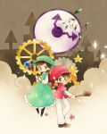  1boy 1girl bandaid bandaid_on_face bandaid_on_nose black_boots blue_necktie boots bow braid brown_eyes brown_hair brown_shoes bucket_hat clock closed_mouth cloud commentary dress flower gears green_dress green_eyes green_hat hair_bow hat holding holding_wand leaf long_hair looking_at_viewer mel_(purirura) necktie newsboy_cap orange_lore pants pinafore_dress pink_bow pink_flower purirura red_bow red_hat red_shirt shirt shoes short_hair signature single_braid sleeveless sleeveless_dress smile sparkle standing standing_on_one_leg star_(symbol) wand white_pants white_shirt zac_(purirura) 