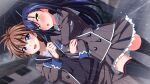  1boy 1girl :d anekouji_naoko anekouji_naoko_to_giniro_no_shinigami averting_eyes black_hair black_shirt black_thighhighs blue_eyes blurry breasts brown_hair buttons collarbone collared_shirt double-breasted double_arm_hug dutch_angle frilled_skirt frills game_asset green_eyes grey_jacket grey_pants grey_skirt hand_in_pocket highres holding holding_umbrella hooded_shirt house jacket jacket_over_hoodie lapels large_breasts long_hair long_sleeves looking_to_the_side mikoshi_matsuri miniskirt necktie non-web_source open_clothes open_jacket open_mouth outdoors pants pleated_skirt rain red_necktie road sailor_collar school_uniform self-datamine shirt short_hair skirt smile standing street thighhighs umbrella white_shirt 