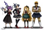  2boys 2girls :d :i aqua_eyes arrow_(symbol) bandaged_arm bandaged_leg bandaged_wrist bandages belt black_bow black_hair black_jacket black_serafuku black_shirt black_shoes black_skirt black_thighhighs blonde_hair blue_sailor_collar blue_skirt blunt_bangs blush bow bracelet caitlin_(pokemon) card celestia_ludenberg celestia_ludenberg_(cosplay) chandelure clenched_hand closed_mouth collared_shirt commentary_request cosplay crossdressing crossdressing_(mtf) crossed_arms danganronpa:_trigger_happy_havoc danganronpa_(series) danganronpa_2:_goodbye_despair dark-skinned_male dark_skin dress earrings eyelashes fire frilled_skirt frills fukawa_toko fukawa_toko_(cosplay) full_body glasses gothic_lolita green_dress grimsley_(pokemon) hair_between_eyes hair_bow hand_on_own_hip hatsuru_826 high_heels holding holding_card holding_scissors jacket jewelry legs_apart lolita_fashion long_hair long_skirt long_sleeves marshal_(pokemon) motion_lines multiple_boys multiple_girls muscular muscular_male neck_ribbon neckerchief necktie nervous_sweating ogami_sakura ogami_sakura_(cosplay) open_clothes open_jacket open_mouth orange_hair pinafore_dress pokemon pokemon_(creature) pokemon_black_and_white purple_eyes purple_fire purple_hair red_bow red_neckerchief red_necktie red_shoes ribbon sailor_collar school_uniform scissors serafuku shauntal_(pokemon) shirt shoes short_hair short_sleeves signature simple_background skirt skirt_set sleeveless sleeveless_dress sleeveless_shirt smile socks sonia_nevermind sonia_nevermind_(cosplay) standing sweat sweatdrop thick_eyebrows thighhighs trembling very_long_hair very_short_hair white_background white_belt white_headdress white_ribbon white_sailor_collar white_shirt white_shoes white_socks 