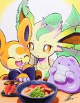 025aki 2026 ambiguous_gender anthro bear blush blush_lines chopsticks claws container crescent_moon_(marking) cup dated ditto_(pokemon) eeveelution eyelashes eyes_closed feral food fur generation_1_pokemon generation_2_pokemon generation_4_pokemon group hi_res leafeon mammal markings moon_(marking) nintendo open_mouth orange_body orange_eyes paws pokemon pokemon_(species) pupils purple_body signature simple_background size_difference tail tan_body tan_fur teddiursa tongue trio ursine white_pupils