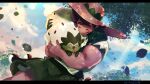  1boy 1other artist_name asuka_(aoiikimono) blue_sky blush closed_eyes cloud eldegoss english_commentary falling_leaves freckles gloves green_gloves green_scarf green_shorts hat hug leaf milo_(pokemon) muscular muscular_male open_mouth poke_ball pokemon pokemon_(creature) pokemon_sword_and_shield scarf shirt shorts single_glove sky smile straw_hat tree white_shirt 