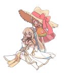  2girls animal_hat anko_omotimoti arms_up barefoot bikini blue_hair blue_ribbon blush_stickers bow bow_bikini braid cat_hat closed_eyes closed_mouth commentary detached_sleeves dress dress_swimsuit fate/grand_order fate_(series) flower full_body gradient_hair grey_hair habetrot_(fate) habetrot_(swimsuit)_(fate) hair_flower hair_ornament hair_ribbon hand_up happy hat hat_bow highres holding holding_unworn_clothes holding_unworn_hat long_hair long_sleeves morgan_le_fay_(fate) morgan_le_fay_(water_princess)_(fate) multicolored_dress multicolored_hair multiple_girls open_mouth orange_dress oversized_hat pink_bow pink_hair puffy_long_sleeves puffy_sleeves ribbon showgirl_skirt simple_background sitting skirt sleeveless sleeveless_dress sleeves_past_wrists smile standing straw_hat swimsuit unworn_hat unworn_headwear white_background white_bikini white_flower white_skirt yokozuwari 
