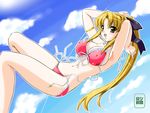  absurdres armband bad_id bad_pixiv_id bikini blonde_hair blush breasts copyright_request covered_nipples day fang frilled_bikini frills front-tie_top hair_ribbon highres large_breasts long_hair open_mouth ponytail ribbon side-tie_bikini smile solo string_bikini swimsuit yellow_eyes yuuyami_sabou 