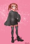  1girl :o absurdres alternate_costume ankle_boots black_boots black_pantyhose black_skirt blush boots bow bra_strap brown_hair clothing_request collarbone commentary full_body hair_bow high-waist_skirt highres holding holding_needle long_hair looking_at_viewer miniskirt needle open_mouth pantyhose pink_background purusam red_bow red_eyes shirai_kuroko single_bare_shoulder single_off_shoulder skirt sleeves_past_wrists solo standing thigh_strap thighhighs throwing_needles toaru_majutsu_no_index twintails wavy_hair wide_sleeves 