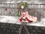  blush green_eyes green_hair honeydew_(artist) mizusawa_misuzu original ribbon scarf sitting snow solo thighhighs twintails zettai_ryouiki 