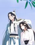  2boys bindi blue_hanfu blue_sky branch brown_eyes brown_hair chinese_clothes closed_mouth commentary_request curtained_hair from_below half_updo hand_fan hanfu high_ponytail highres holding holding_fan hot korean_commentary long_hair long_sleeves looking_at_another looking_to_the_side looking_up luo_binghe male_focus multiple_boys parted_bangs parted_lips ponytail ribboned_xiao_guan shade shading_face shen_qingqiu sidelocks sky smile sweat the_scum_villain's_self-saving_system tkqks_jenet very_long_hair white_hanfu wide_sleeves 