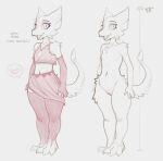 anthro arm_warmers armwear blush body_blush clothed clothing crop_top english_text eyeliner eyeshadow featureless_chest female flat_chested fluffy fluffy_tail genitals hi_res kobold legwear looking_at_viewer makeup no_underwear partially_clothed pink_vulva scalie shirt short simple_background sketch solo standing syn-6 tail text thick_thighs thigh_highs topwear vulva vulva_blush white_background wide_hips