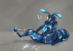 2_toes 4_eyes ant antennae_(anatomy) anthro arthropod arthropod_abdomen big_penis blue_body bodily_fluids cum cum_on_face cum_on_ground cumshot eek_(eekanant) eekanant ejaculation feet genital_fluids genitals hi_res hybrid_genitalia hybrid_penis hymenopteran insect knot knotted_penis male masturbation multi_eye penile penile_masturbation penis solo toes yellow_eyes