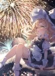  1girl absurdres adapted_costume aerial_fireworks apron black_hat black_shoes black_skirt black_vest blonde_hair blush bow braid broom broom_riding choker commentary_request fireworks frilled_skirt frills hair_bow hat hat_bow highres kirisame_marisa long_hair open_mouth puffy_short_sleeves puffy_sleeves shoes short_sleeves side_braid single_braid skirt socks solo thigh_strap touhou very_long_hair vest waist_apron wheat_retzel white_apron white_bow white_choker white_socks witch_hat yellow_eyes 