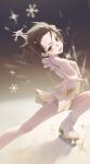  1girl absurdres brown_eyes brown_hair child commentary_request dress figure_skating_dress hair_ornament highres ice_skates ice_skating looking_at_viewer medalist_(manga) motion_blur open_mouth outstretched_arms shoes skates skating snowflakes solo spread_arms star_(symbol) star_hair_ornament white_dress white_shoes yecheng_anhunqu_(bilibili_1454316466) yuitsuka_inori 
