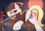 animal_genitalia animal_vulva anus bloodborne blush blush_lines bodily_fluids butt clitoris clothing equid equine equine_anus equine_genitalia equine_vulva fan_character female fence feral fromsoftware genitals hasbro hat headgear headwear hi_res hooves horse looking_back mammal melee_weapon moon mouth_hold musk my_little_pony night parabellumpony pony puffy_anus raised_leg raised_tail rear_view red_moon solo sony_corporation sony_interactive_entertainment sweat sword tail teeth vulva weapon