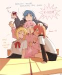  4girls @_@ absurdres ahoge arm_hug black_skirt blonde_hair blue_eyes blue_hair bocchi_the_rock! bow bowtie closed_eyes cube_hair_ornament cup detached_ahoge english_text gotoh_hitori green_eyes grey_shirt hair_ornament hand_on_another's_head highres holding holding_cup ijichi_nijika juice kessoku_band kita_ikuyo layered_sleeves long_sleeves machuuu68 multiple_girls one_side_up open_mouth pink_hair pink_track_suit polka_dot polka_dot_bow polka_dot_bowtie red_bow red_bowtie red_hair shaking shirt short_over_long_sleeves short_sleeves side_ahoge side_ponytail sitting skirt spilling teeth track_suit upper_teeth_only white_shirt yamada_ryo yellow_eyes yuri 