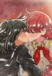  2girls artist_name black_hair black_sailor_collar black_shirt blush closed_eyes commentary english_commentary highres kiss lara_(sayonara_lara) long_hair medium_hair multiple_girls neckerchief ootsu_mari red_hair red_neckerchief sailor_collar sayonara_lara school_uniform serafuku shirt white_shirt yoruneko_(liampadolina) yuri 