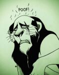 absurd_res bald black_and_white disney felid feral hi_res humor lion madamesam male mammal mane monochrome pantherine scar_(the_lion_king) solo text the_lion_king worried