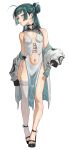 1girl absurdres bare_shoulders black_bow blue_eyes bow breasts breasts_apart chinese_clothes commentary earrings folded_fan folding_fan freckles full_body garter_straps green_hair hair_bun hand_fan highres holding holding_fan jewelry kusuriya_no_hitorigoto long_hair long_sleeves maomao_(kusuriya_no_hitorigoto) navel shoes simple_background single_garter_strap single_thighhigh small_breasts standing thighhighs waligner white_background white_garter_straps white_thighhighs 