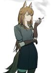  1girl absurdres animal_ear_fluff animal_ears arknights asymmetrical_legwear belt black_belt black_gloves black_skirt black_thighhighs brown_hair cigarette collared_shirt cowboy_shot exhaling_smoke extra_ears fox_ears fox_girl fox_tail franka_(arknights) gloves grey_shirt highres holding holding_cigarette id_card kihatsuse lanyard long_hair shirt short_hair short_sleeves sidelocks simple_background skirt smoking solo tail thighhighs undone_collar very_long_hair white_background yellow_eyes 