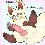 1:1 2026 adorbinite anus ball ball_tuft balls blush brown_eyes brown_paws chest_tuft cremis dialogue feral fluffy fluffy_tail fur genitals hi_res knot knotted_penis male multicolored_body multicolored_fur one_leg_up pal_(species) palworld pawpads paws penis pocketpair presenting presenting_anus presenting_balls presenting_penis raised_leg raised_paw solo tail tan_body tan_fur text tuft two_tone_body two_tone_fur yellow_blush yellow_eyes