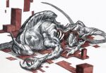 2016 2_horns 2_toes 4_fingers ambiguous_gender blood bodily_fluids claws dewclaw digitigrade eyeless feet feral finger_claws fingers full-length_portrait hatching_(art) head_horn hi_res horn keroreud lying monster mouth_closed on_front portrait quadruped rib_cage semi-anthro shaded side_view simple_background snout solo tail toe_claws toes white_background
