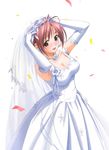  antenna_hair blush breasts bridal_veil bride cleavage confetti copyright_request dress elbow_gloves gloves gown hashimoto_takashi highres large_breasts red_hair solo veil wedding_dress 