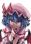 1girl ascot bat_wings blood blood_on_face blood_on_hand blue_hair bow commentary_request dress finger_in_own_mouth hat hat_bow highres licking licking_finger licking_own_finger looking_at_viewer mob_cap pink_dress pink_hat puffy_short_sleeves puffy_sleeves red_eyes remilia_scarlet rightorisamraido3 short_hair short_sleeves smile solo tongue tongue_out touhou upper_body white_background wings 