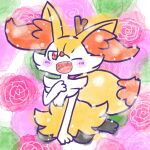 1:1 2026 ambiguous_anthro ambiguous_gender annyui0611 anthro biped blush blush_stickers braixen canid cute_fangs digital_drawing_(artwork) digital_media_(artwork) digitigrade dipstick_tail fangs floral_background flower front_view full-length_portrait generation_6_pokemon hand_on_chest hi_res japanese_description mammal markings nintendo object_in_tail one_eye_closed open_mouth open_smile plant pokemon pokemon_(species) portrait rose_(flower) sitting smile snout solo stick stick_in_tail tail tail_markings teeth three-quarter_view translated_description wariza
