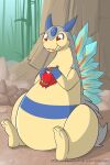 2018 2:3 ambiguous_gender belly belly_markings berry blue_markings bottom_heavy crystal day eating feral food forehead_gem forest fruit fuf gem generation_2_pokemon gloves_(marking) green_body hi_res holding_food holding_object looking_at_food looking_at_object markings multicolored_body nintendo outside pear-shaped_figure plant pokemon pokemon_(species) pupils red_eyes semi-anthro sitting sitting_on_ground slit_pupils tan_body tree two_tone_body typhlosion wide_hips