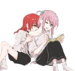  2girls absurdres biting biting_shoulder black_choker black_shorts black_skirt blue_eyes bocchi_the_rock! book chinese_commentary choker collarbone commentary cube_hair_ornament full_body gotoh_hitori green_eyes hair_between_eyes hair_ornament highres kita_ikuyo long_hair long_skirt looking_at_another looking_at_object multiple_girls obscuremisty off-shoulder_shirt off_shoulder on_floor one_eye_closed open_mouth pink_hair red_hair shirt shorts single_bare_shoulder sitting skirt socks white_background white_shirt white_socks writing yuri 