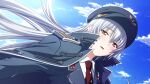  1girl anekouji_naoko_to_giniro_no_shinigami blue_coat blue_hat blue_jacket buttons close-up cloud coat coat_on_shoulders dress_shirt dutch_angle floating_hair from_below game_asset hat highres jacket kirsti_ylianttila lapels long_hair long_sleeves looking_at_viewer military_hat military_uniform necktie non-web_source orange_eyes parted_lips red_necktie self-datamine shironeko_sanbou shirt shoulder_boards sky solo standing white_hair white_shirt 