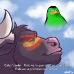1:1 2026 absurd_res anthro avian barazoku beak bird black_body black_feathers black_fur bodypaint bovid bovine cattle cloud cloudy_sky content content_smile dialogue dreamworks duo eyes_closed face_paint fantasizing feathers fifa fur green_body green_feathers happy hi_res horn imagining madagascar_(series) male mammal manly nanoff penguin private_(madagascar) sky spain spain_national_football_team spanish_text stubble text translated