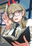  1girl absurdres adjusting_eyewear black_necktie blonde_hair book business_suit chainsaw_man collared_shirt commentary cross-shaped_pupils demon_girl english_commentary eyelashes fangs fingernails formal_clothes glasses hairband hand_on_eyewear highres horns long_bangs messy_hair mygiorni necktie power_(chainsaw_man) reading red_horns shirt suit sweat sweatdrop symbol-shaped_pupils teeth thick_eyebrows watermark white_shirt 
