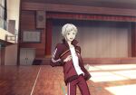 1boy :d asymmetrical_hair bungou_stray_dogs game_asset grey_hair highres indoors jacket long_sleeves looking_at_viewer male_focus multicolored_eyes multicolored_hair nakajima_atsushi_(bungou_stray_dogs) official_art open_clothes open_jacket open_mouth pants purple_eyes red_jacket red_pants school_gym shirt short_hair single_sidelock smile solo stairs third-party_source track_jacket track_pants track_suit two-tone_eyes white_shirt yellow_eyes 