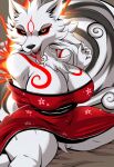 amaterasu_(okami) anthro anthrofied asian_clothing big_breasts black_sclera breasts canid canine canis capcom cleavage clothed clothing crotch_tuft east_asian_clothing fluffy fluffy_chest fur hi_res japanese_clothing kimono mammal okami_(capcom) tattoo tongue tongue_out tuft voluptuous_female white_body white_fur wolf yellow_eyes zerrymon