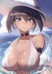  1girl absurdres alternate_costume arm_strap bikini black_choker blue_eyes blue_hair blue_sky breasts c: choker cleavage closed_mouth cloud cloudy_sky collarbone colored_inner_hair commentary day full_cleavage hair_between_eyes halterneck hat highres hololive hololive_english katsu_(katsuslider) large_breasts linea_alba looking_at_viewer medium_hair multicolored_hair o-ring o-ring_choker ocean ouro_kronii outdoors revision see-through_clothes see-through_shawl shawl sky smile solo splashing striped_choker sun_hat swimsuit upper_body virtual_youtuber water water_drop white_bikini white_hat 