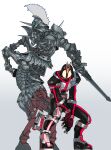  2131001010 2boys absurdres animal_ears antennae armor armored_skirt belt black_bodysuit bodysuit centaur commentary_request compound_eyes faiz_driver faiz_pointer gloves glowing glowing_eyes helmet highres holding holding_weapon horns horse_orphnoch kamen_rider kamen_rider_555 kamen_rider_faiz long_hair male_focus monster multiple_boys orphnoch_(555) red_eyes rider_belt sword tail taur tokusatsu weapon yellow_eyes 