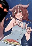  1girl 1other :d animal_collar animal_ears arms_up blue_background bone_hair_ornament braid breasts brown_eyes brown_hair brown_tail collar commentary_request darkness dog_ears dog_tail double-parted_bangs dress emphasis_lines fangs food glowing glowing_eyes gradient_background hair_ornament hairclip highres hololive inugami_korone inugami_korone_(1st_costume) kurousagi_(black_rabbit563) large_breasts looking_at_another low_twin_braids pasta plate raised_inner_eyebrows red_collar red_eyes sauce scared shadow sleeveless sleeveless_dress smile spaghetti stiff_tail surprised tail tail_raised twin_braids virtual_youtuber white_dress 