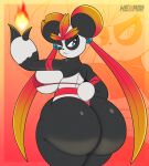 anthro bear big_breasts big_butt big_ears bikini bikini_bottom bikini_top black_body black_fur black_nose blue_eyes breasts butt clothing female fire fur giant_panda green_hair hair hexami hi_res huge_butt leafan_(pal) looking_at_viewer mammal multicolored_body multicolored_fur one_eye_closed pal_(species) palmorph palworld pocketpair pupils side_boob solo swimwear thick_thighs twintails_(hairstyle) two-piece_swimsuit two_tone_body two_tone_fur white_body white_fur white_pupils wink winking_at_viewer