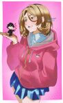  1boy 1girl absurdres artist_name black_hair blue_skirt blurry brown_eyes brown_hair commentary_request gakuran hair_between_eyes hand_in_pocket highres hood hood_down hooded_jacket jacket knowname kohinata_poemu mini_person miniboy pink_background pink_jacket pointing ponkotsu_fuuki_iin_to_skirt-take_ga_futekisetsu_na_jk_no_hanashi sakuradaimon_tougo school_uniform skirt standing zipper 