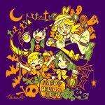  2boys 2girls ahoge animal_costume ash_ketchum bandaged_head bandages bonnie_(pokemon) bow claw_pose clemont_(pokemon) closed_mouth commentary_request dress fangs frankenstein's_monster_costume ghost hair_ornament happy_halloween hatsuru_826 highres holding holding_lantern lantern multiple_boys multiple_girls one_eye_closed open_mouth pokemon pokemon_(anime) pokemon_the_series:_xy purple_background serena_(pokemon) short_hair signature simple_background skull skull_hair_ornament striped_clothes striped_dress tail witch wolf_costume 