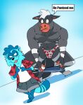 2026 3_fingers 5_fingers anthro barefoot big_muscles big_pecs biped black_eyes black_nose black_tail blep blue_background blue_bottomwear blue_clothing blue_inner_ear blue_markings blue_shorts blue_tail bottomwear bottomwear_around_legs bottomwear_down cheek_tuft clothed clothed_anthro clothed_male clothing clothing_around_legs crimenes dialogue digital_drawing_(artwork) digital_media_(artwork) domestic_ferret duo english_text equid equine facial_markings facial_tuft feet fingerless_(marking) fingers fully_clothed fully_clothed_anthro fully_clothed_male fur grey_body grey_fur head_markings heart_clothing heart_symbol heart_underwear horse larger_anthro larger_male male mammal markings mask_(marking) multicolored_body multicolored_fur multicolored_tail muscular muscular_anthro muscular_male mustelid musteline navel open_clothing open_mouth open_shirt open_topwear orange_body orange_fur orange_inner_ear oreo_(ccjj09) partially_clothed partially_clothed_anthro partially_clothed_male pattern_clothing pattern_shirt pattern_topwear pattern_underwear pecs pivoted_ears pointy_ears prick_ears print_clothing print_shirt print_topwear print_underwear red_clothing red_shirt red_topwear ring_(marking) ringed_tail shirt shorts shorts_around_legs shorts_down simple_background size_difference skip_(skipperz) smaller_anthro smaller_male speech_bubble standing striped_markings striped_tail stripes tail tail_markings text toes tongue tongue_out topless topless_anthro topless_male topwear true_musteline tuft undershirt underwear weasel white_body white_clothing white_fur white_shirt white_tail white_topwear