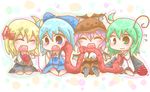  antennae bad_id bad_pixiv_id barefoot blonde_hair blue_eyes blue_hair blush bow cape chibi cirno closed_eyes doromizu dress fang green_eyes green_hair hair_bow multiple_girls mystia_lorelei open_mouth purple_hair rumia scarf sewing shared_scarf team_9 touhou wriggle_nightbug yarn yarn_ball 