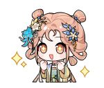  +_+ 1girl artist_request beads blue_flower blush_stickers brown_eyes chibi chinese_clothes clenched_hands cropped_torso double_bun excited floral_print flower green_hanfu hair_beads hair_bobbles hair_bun hair_flower hair_ornament hair_rings hanfu infinity_nikki jewelry kaleidoscopic_splendor_(infinity_nikki) long_sleeves necklace nikki_(series) official_art open_mouth orange_hair robe shawl short_hair smile solo sparkle sparkling_eyes sticker_(medium) tareme transparent_background white_flower white_shawl wide_sleeves yellow_flower yellow_robe 