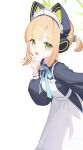  1girl animal_ear_headphones animal_ears apron black_dress blonde_hair blue_archive cat_ear_headphones cat_ears chinese_commentary commentary_request dress fake_animal_ears frilled_apron frills green_eyes green_halo halo hand_up headphones highres index_finger_raised long_sleeves maid_apron maid_headdress midori_(blue_archive) midori_(maid)_(blue_archive) nyarnya official_alternate_costume open_mouth ponytail short_hair short_ponytail simple_background solo white_apron white_background 