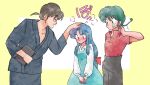  1girl 2boys 4ptxq blue_hair blush bow brown_hair commentary_request fuurinkan_high_school_uniform long_hair multiple_boys ono_toufuu open_mouth ranma_1/2 red_bow red_shirt saotome_ranma saotome_ranma_(male) school_uniform shirt simple_background smile standing tendou_akane 